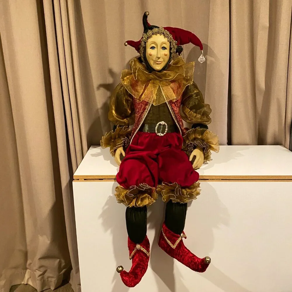 Vintage Life-Size‎ Christmas Elf Jester – 4ft Velvet Decor with Bells